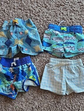 Baby Boy Swim Shorts Set - Sea Life & Plaid - Blue Teal